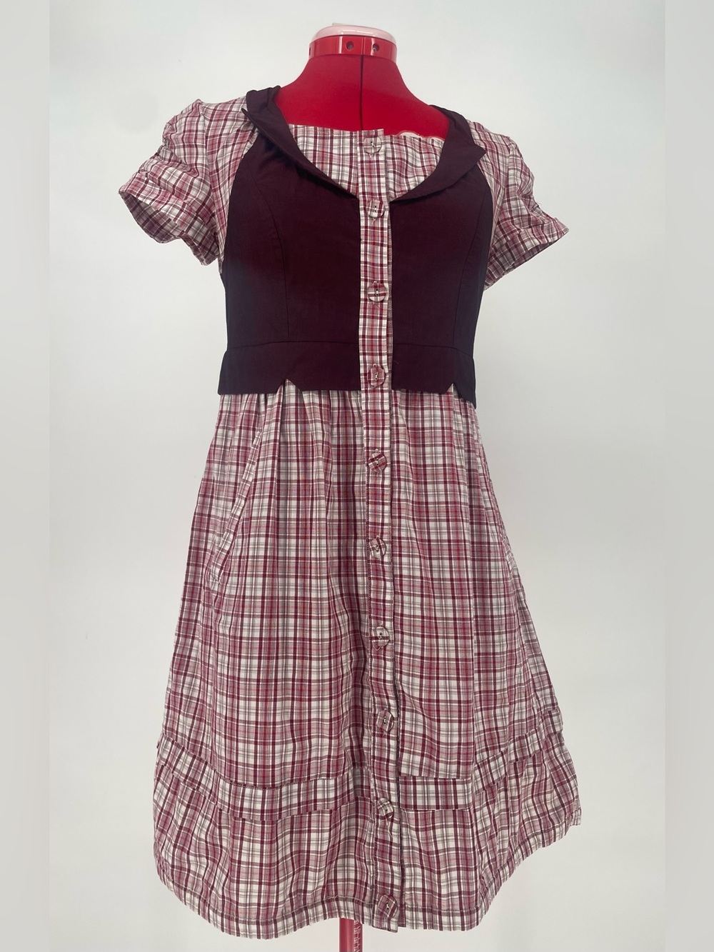 Y2K Style Hooded Lace Up Back Plaid Mini Shirt Dress Faux Vest Button Front